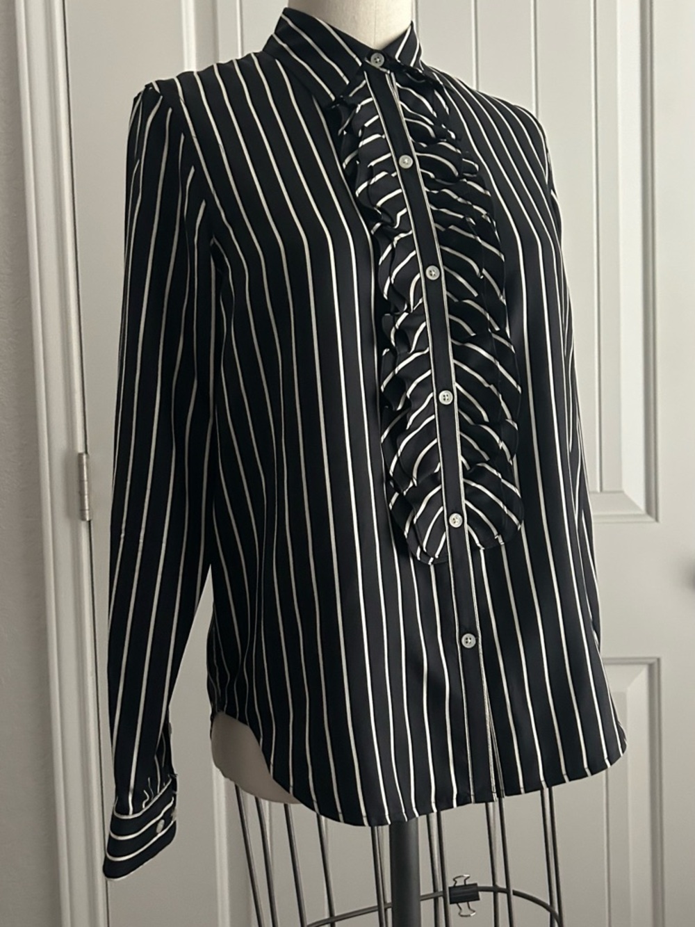 Ralph Lauren Black and White Vertical Stripe Ruffle Front Button-Down